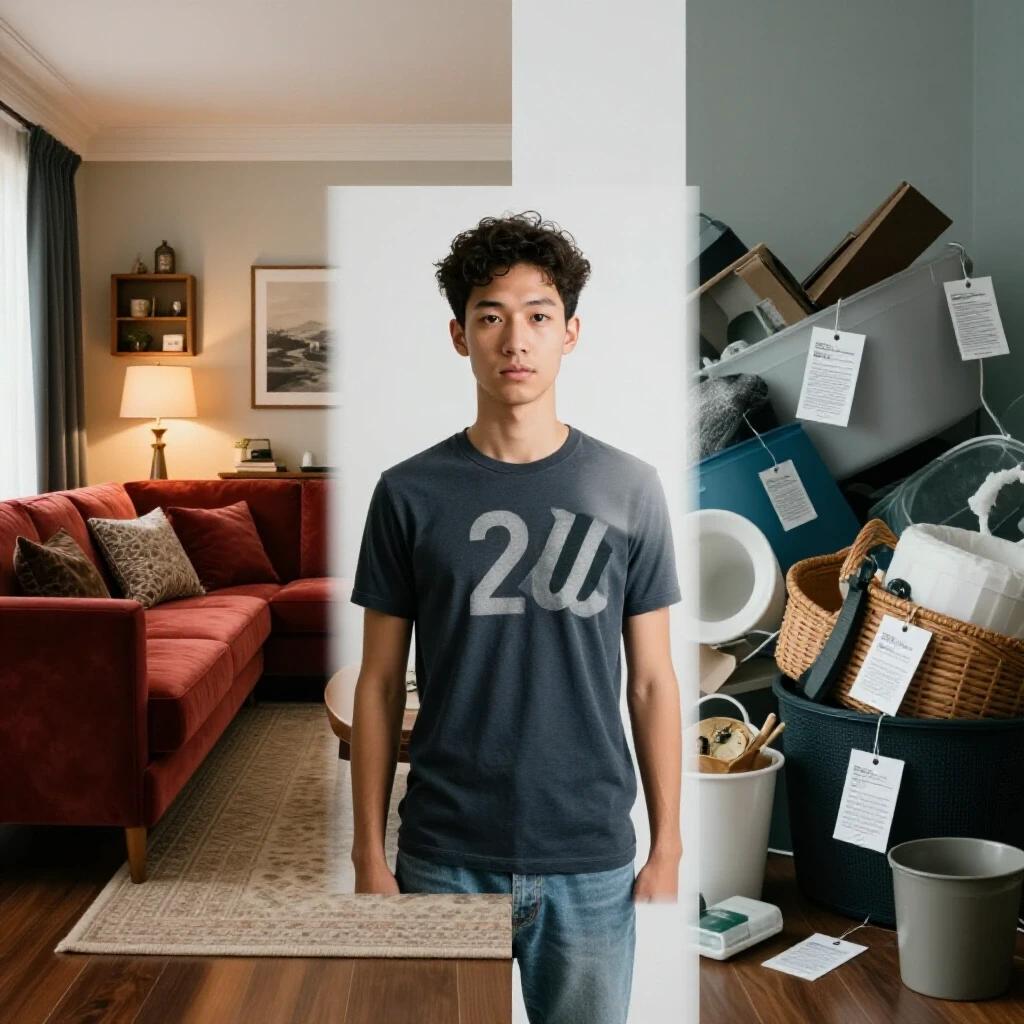 A split-screen image showing a luxurious, warmly lit living room on one side and a cluttered budget-friendly scene with price tags on the other, highlighting the contrast between aspiration and reality.
