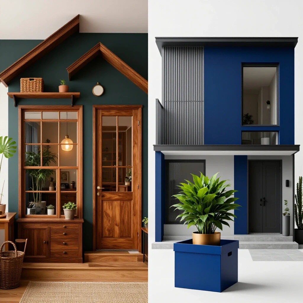A visual metaphor of moving homes, featuring a cozy first home on the left and a modern second home on the right, showcasing transformation.