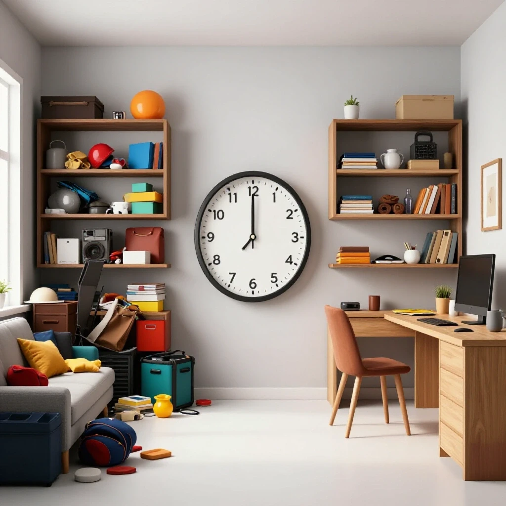 A visual representation of a living space transition from cluttered to organized with a whimsical clock centered, emphasizing home organization.