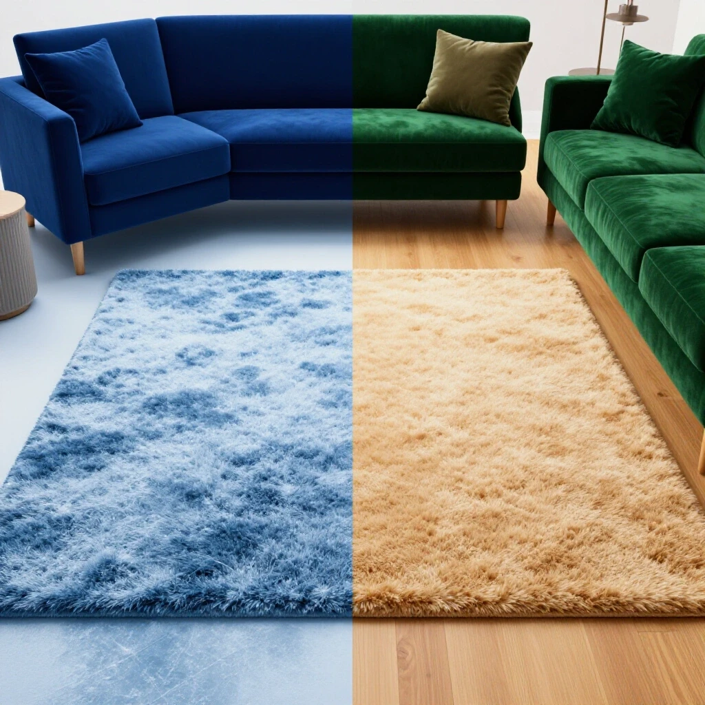 Cozy living room split view, one side cold with frost and the other warm with plush flooring and soft lighting.