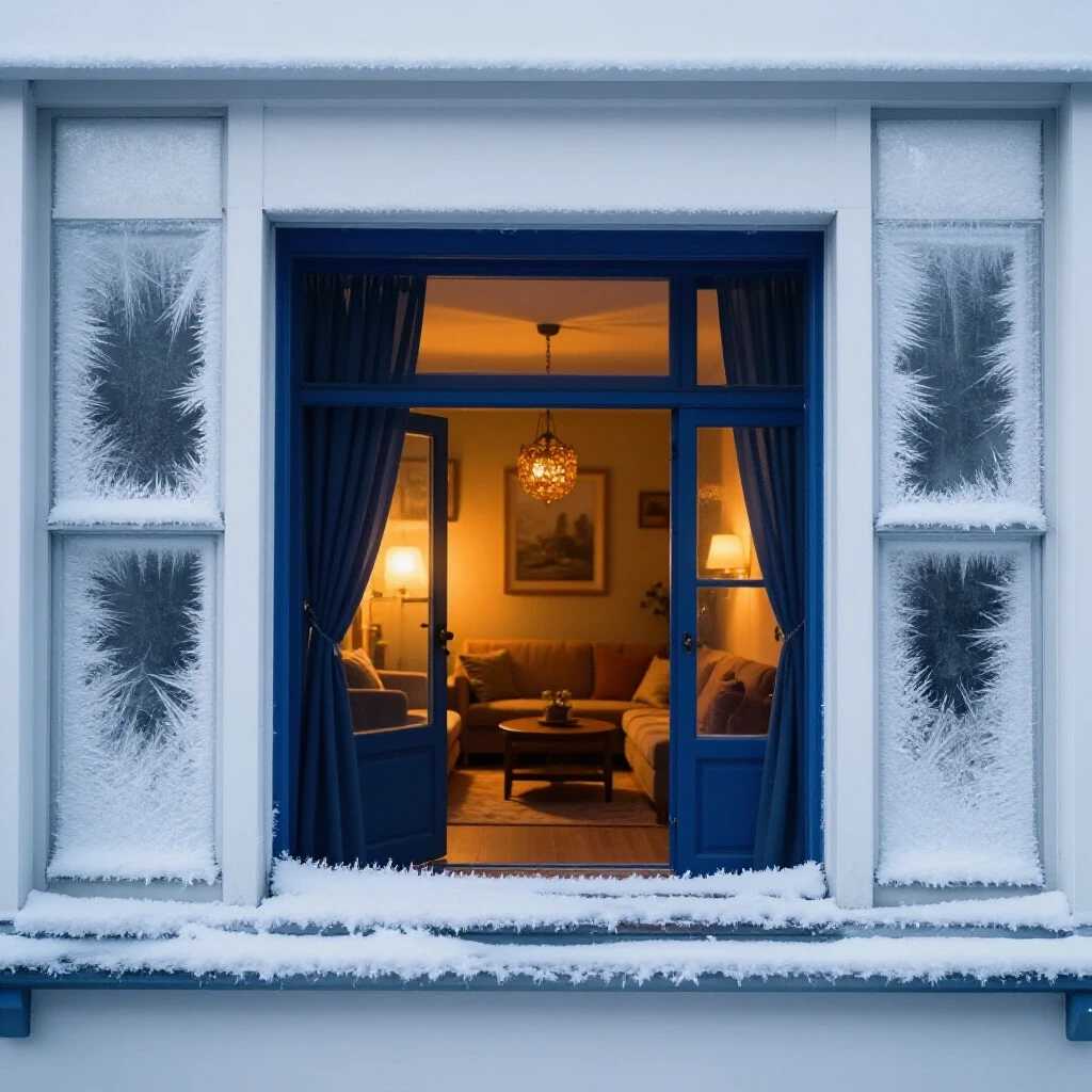 A split image showing a warm, cozy interior contrasted with icy windows, highlighting energy-saving benefits.