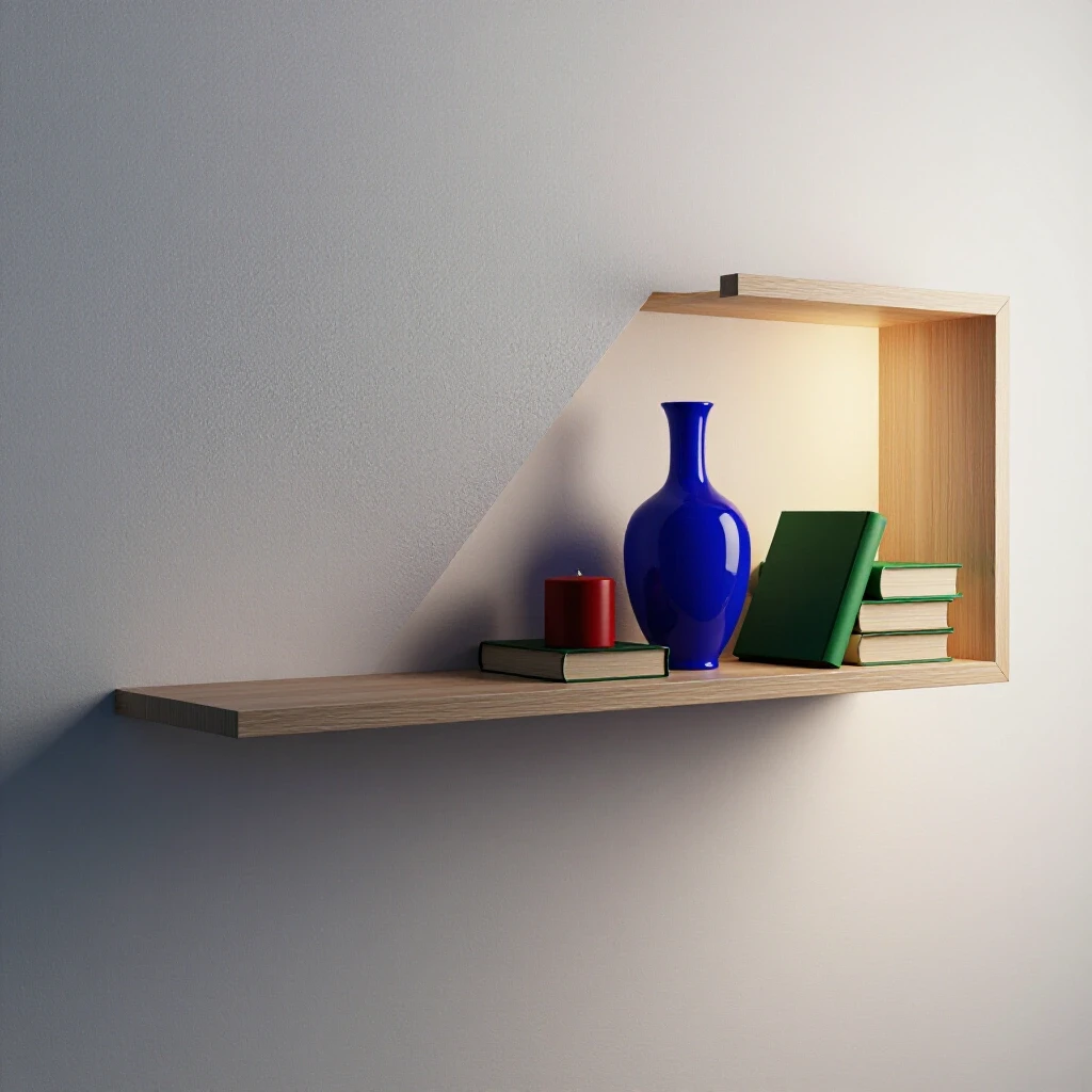 A visually striking image of a floating shelf showcasing decorative items on one side, while the other side sags downward, highlighting instability.