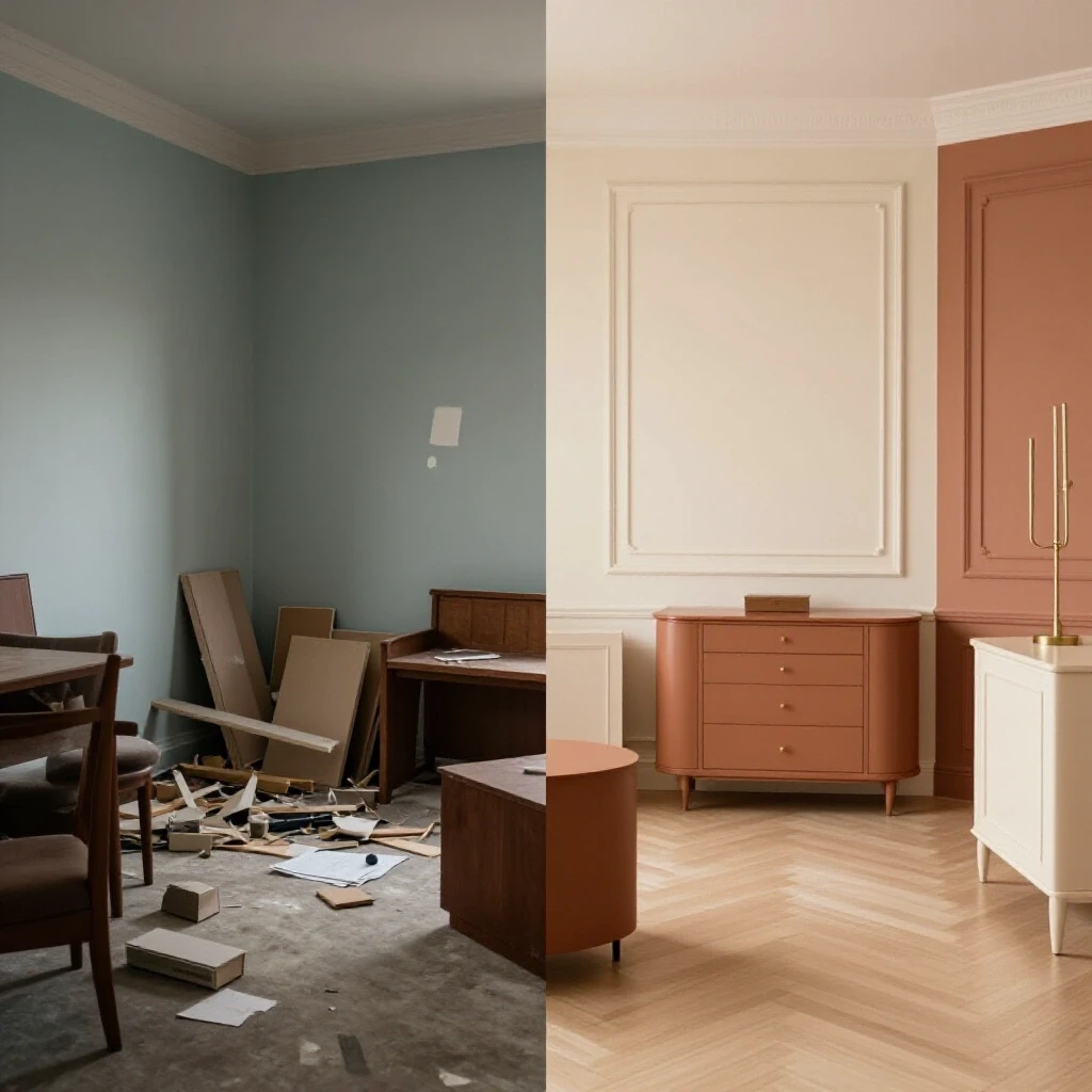 A split image showing a chaotic room on the left with framing mistakes, and a beautifully renovated room on the right, highlighting design transformation.