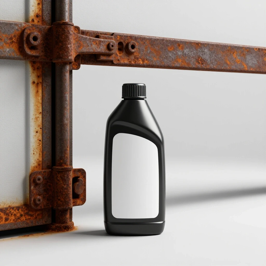 Close-up image of a rusty garage door hinge next to a shiny lubricant bottle, emphasizing texture differences.