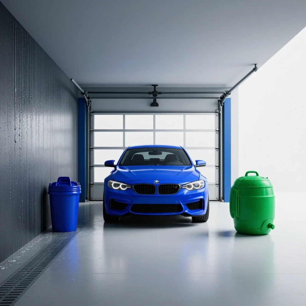 A vibrant garage interior juxtaposed with a damp wall, illustrating effective drainage solutions for moisture issues.