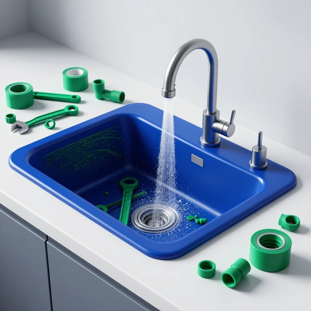 A vibrant kitchen sink overflowing, contrasted with a clean countertop arranged for dishwasher hose repair.