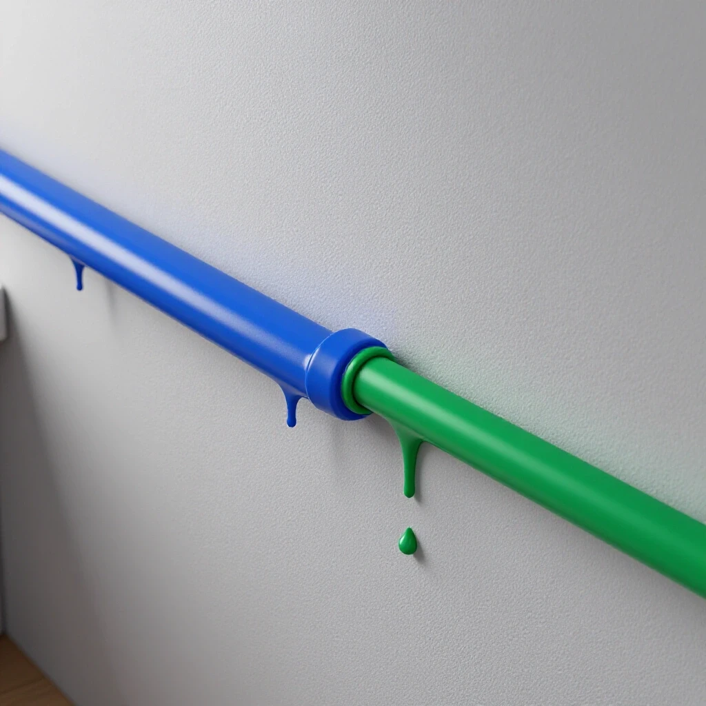 A stylish kitchen backdrop features a close-up of a leaky water line contrasted with a neatly repaired line, highlighting the transformation.