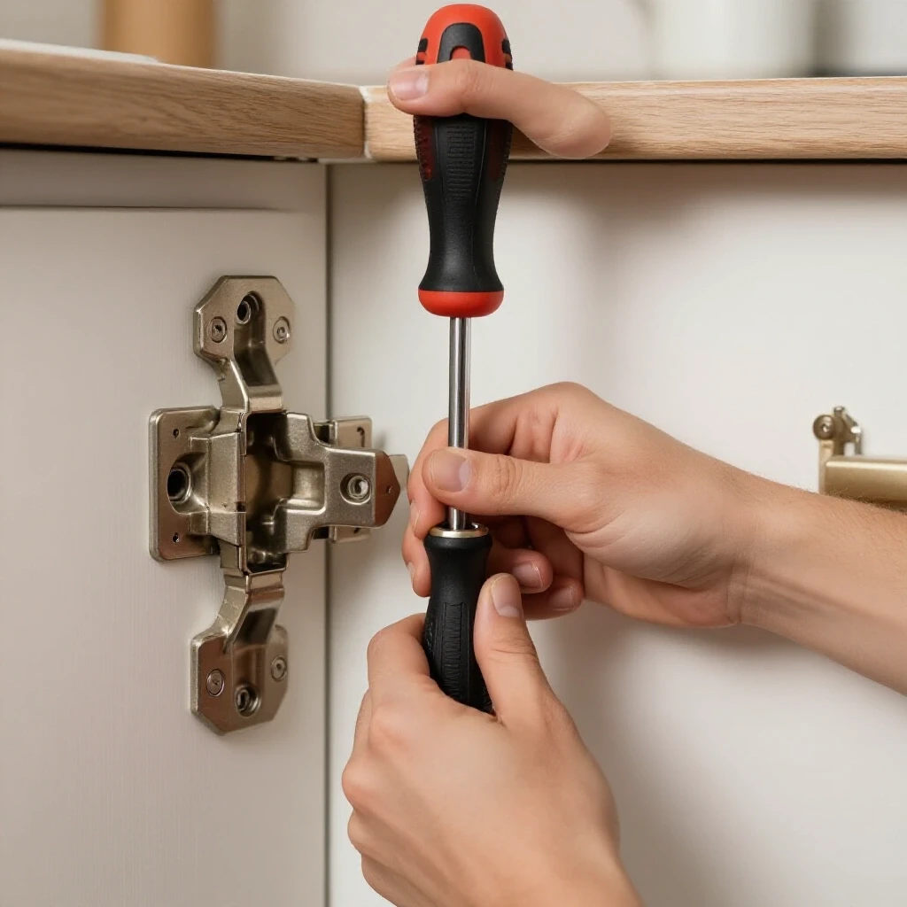 A close-up of a hand tightening a cabinet hinge with a screwdriver in a blurred kitchen setting, showcasing home improvement.