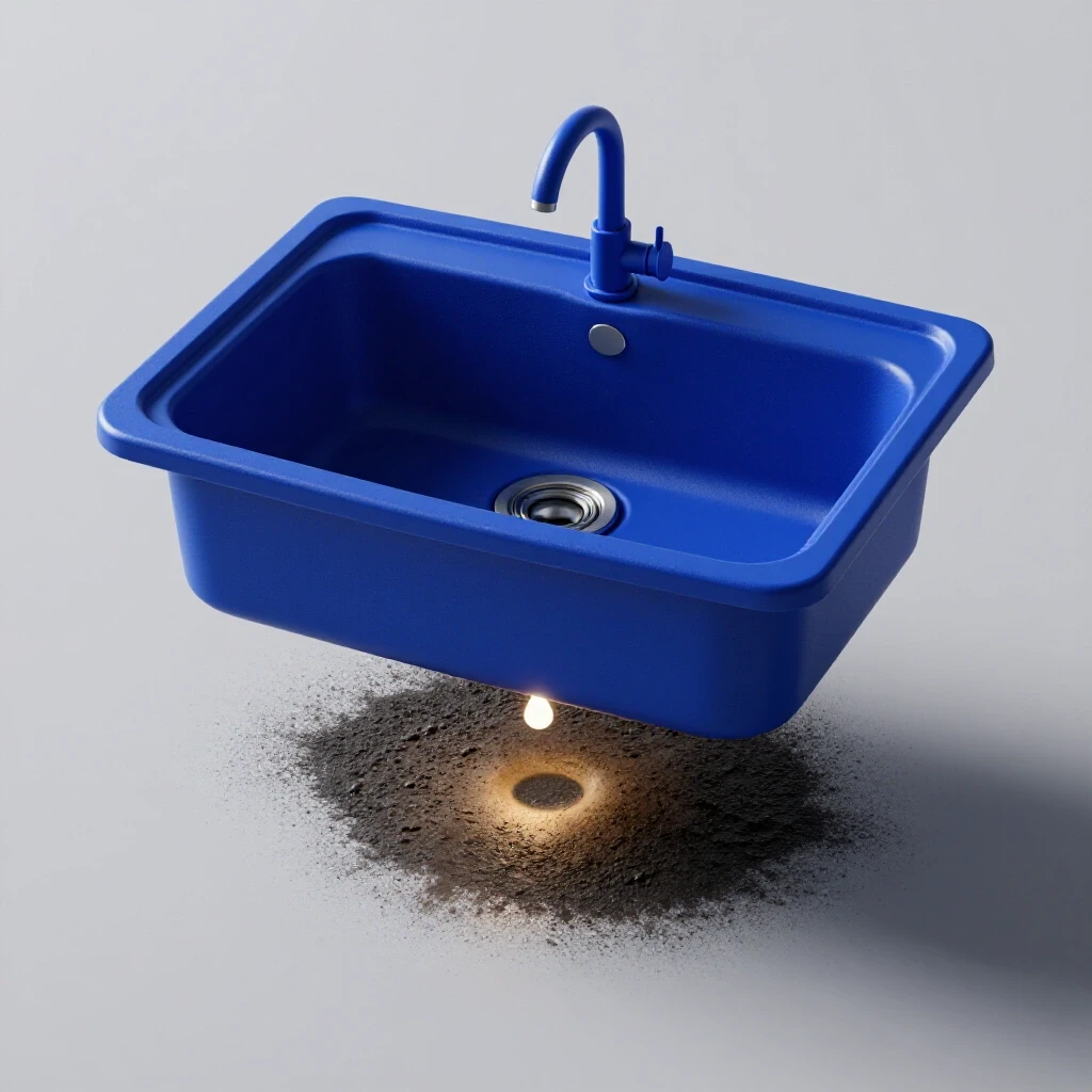 Vibrant kitchen sink with a dark, moldy area beneath it, symbolizing leaks and hidden plumbing issues.