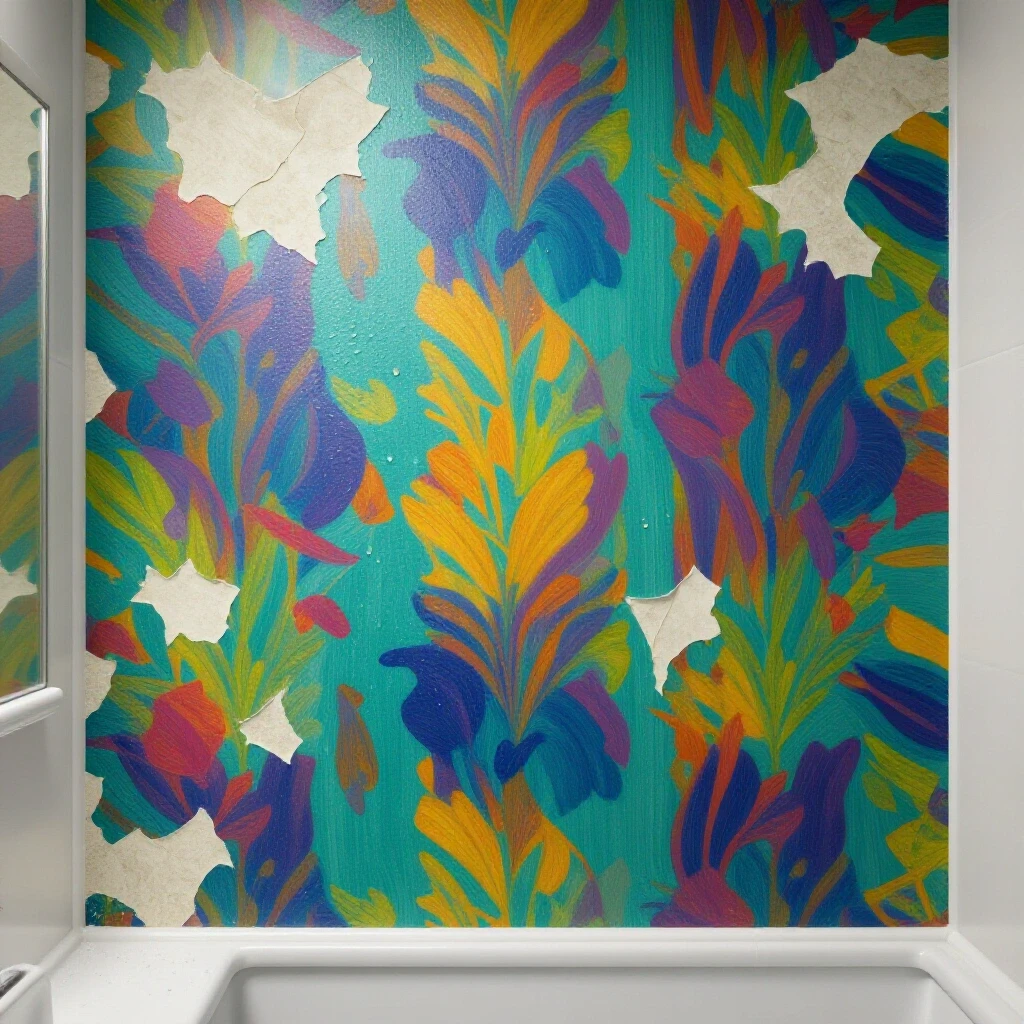 Image of a bathroom showcasing a vibrant, freshly applied wallpaper against peeling wallpaper, with moisture effects like water droplets and steam.
