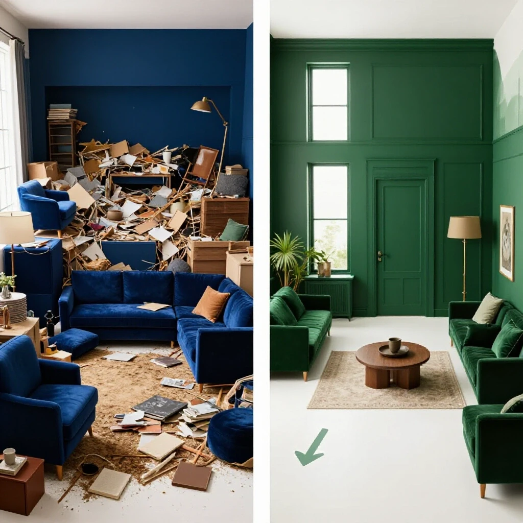 A visual contrast of a cluttered room transforming into a beautifully arranged space, illustrating interior design flow improvement.