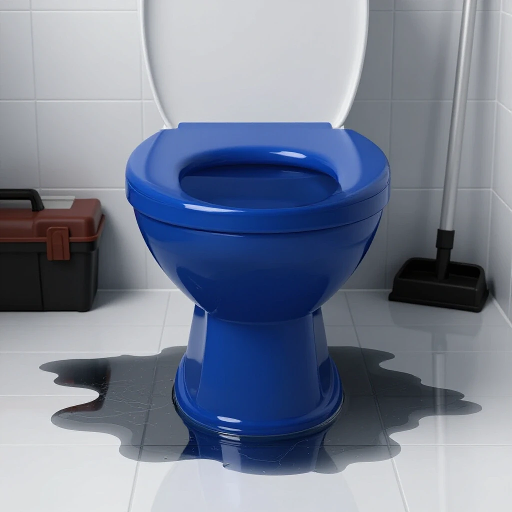 Close-up of a toilet base with a shiny deep royal blue finish, featuring a subtle water reflection on bright tiles.