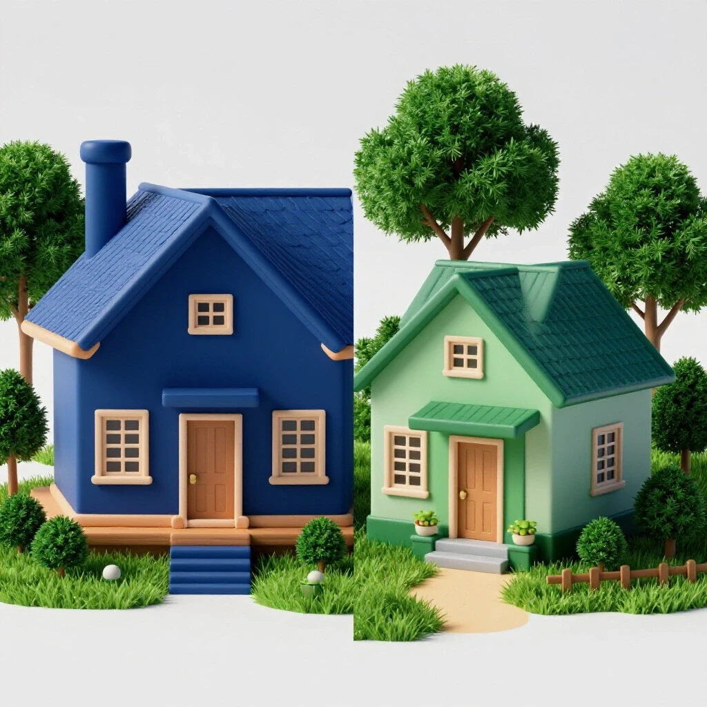 An artistic representation contrasting a serene home environment for fixed mortgages with a dynamic landscape for adjustable mortgages, split by color themes.