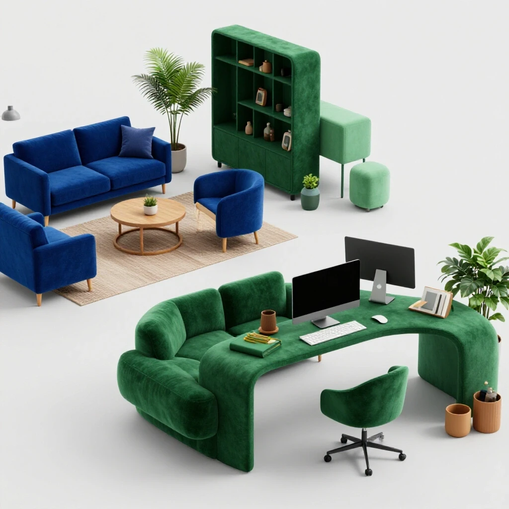 A cozy living space showcasing a multifunctional layout with a lounge transitioning into a workspace, featuring rich colors and textures.