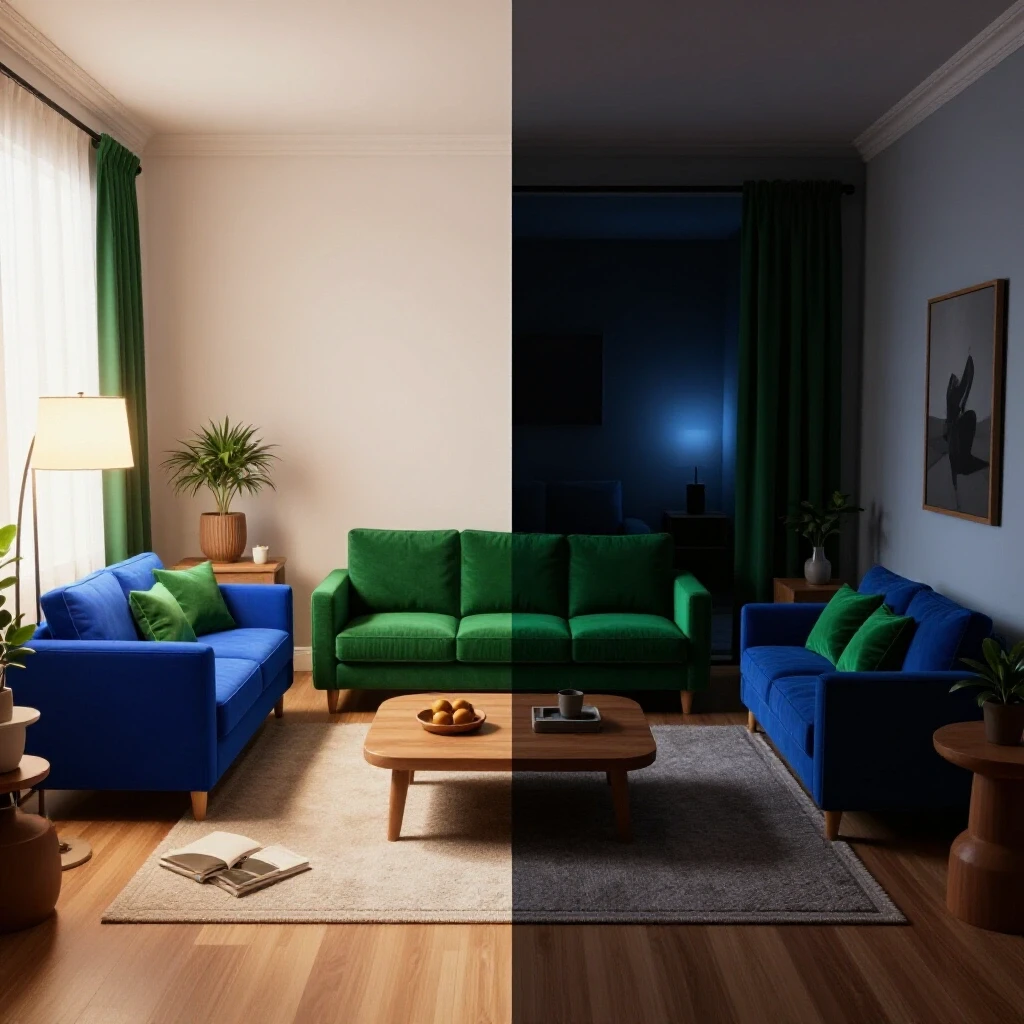 A split-screen image showcasing a cozy illuminated living space against a dim, flickering room, symbolizing light stability solutions.