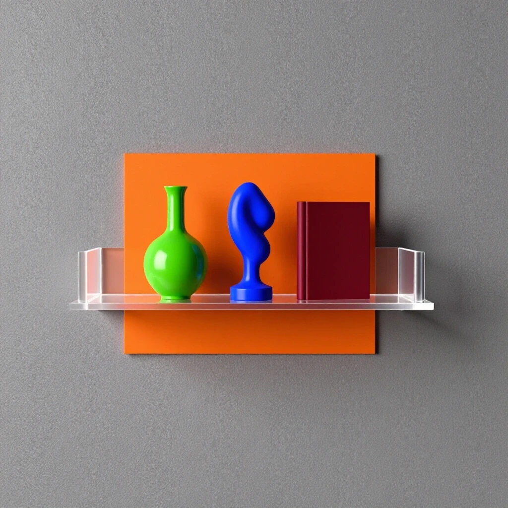 A vibrant floating shelf displaying eclectic decor items against a vivid orange wall, casting a soft shadow below.