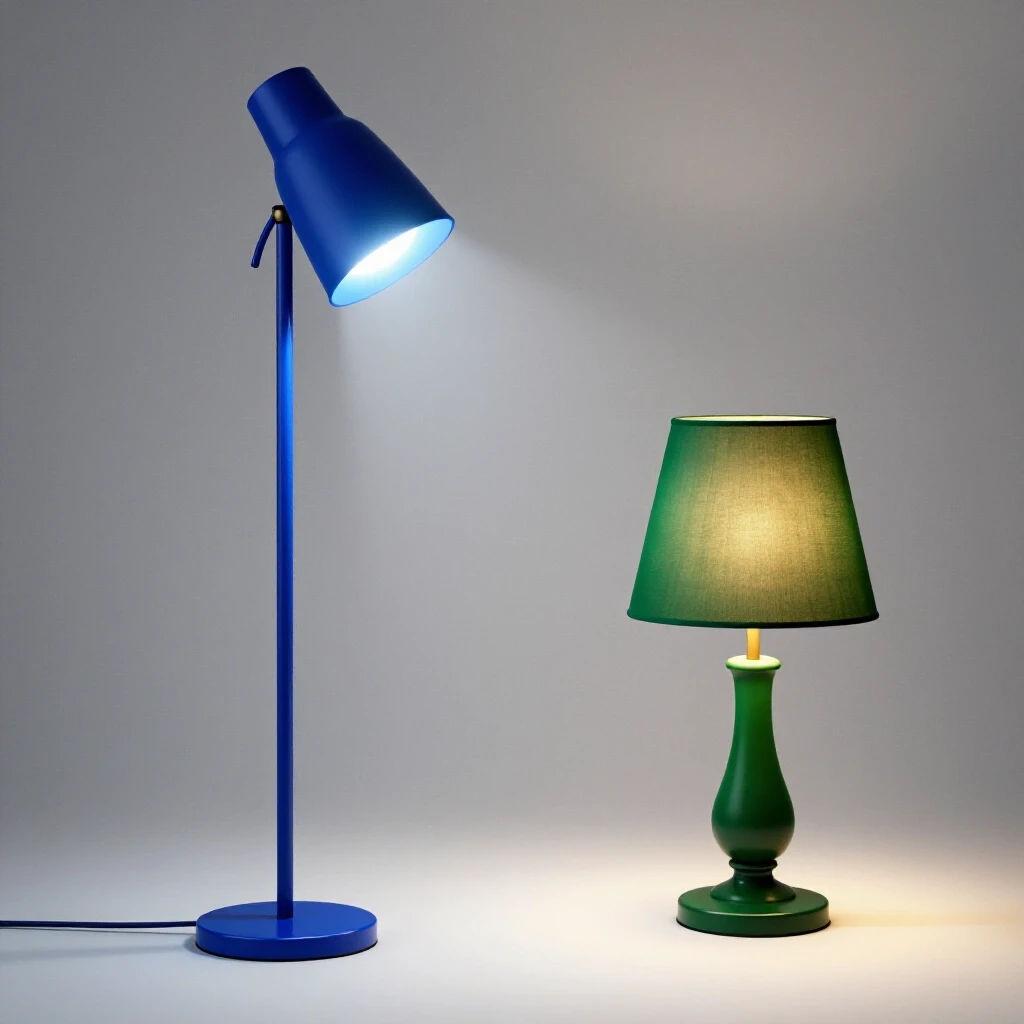 A stylish floor lamp and cozy table lamp showcasing warm and cool lighting effects in a bright setting.