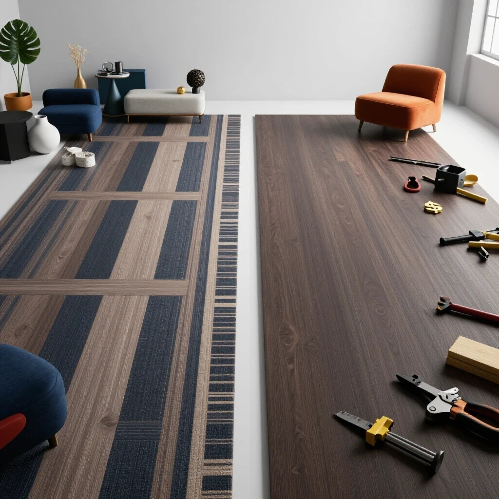 A split-screen image contrasting a beautifully leveled floor with decorative elements and a chaotic, uneven floor with tools and dollar signs.