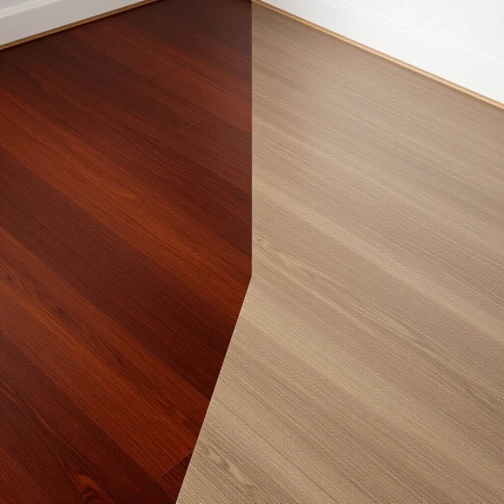 A 3D image showing a contrast between a luxurious hardwood floor and a budget-friendly laminate, with a bright studio background.