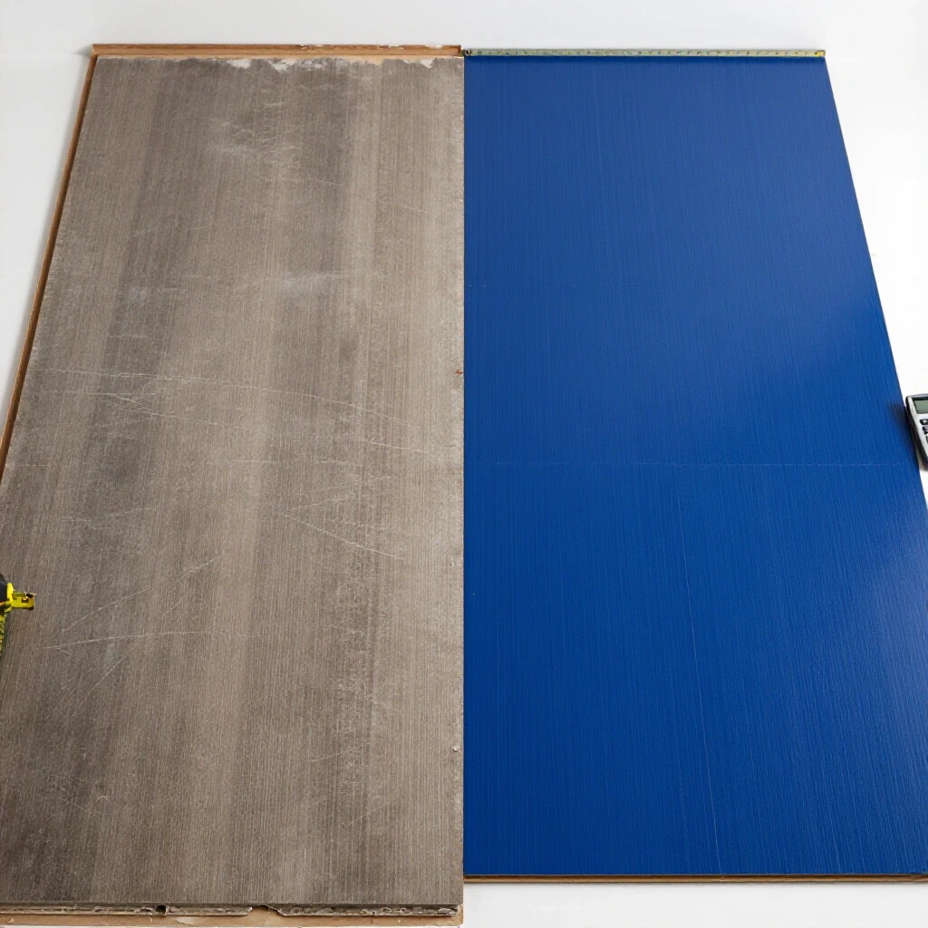 A split image showcasing a worn-out damaged floor on the left and a vibrant new floor on the right, demonstrating a flooring transformation.