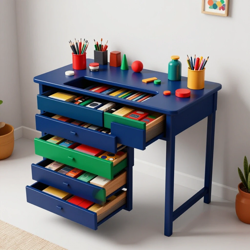 A vibrant fold-down craft table in a small, well-lit room, showcasing colorful craft supplies for creative organization.