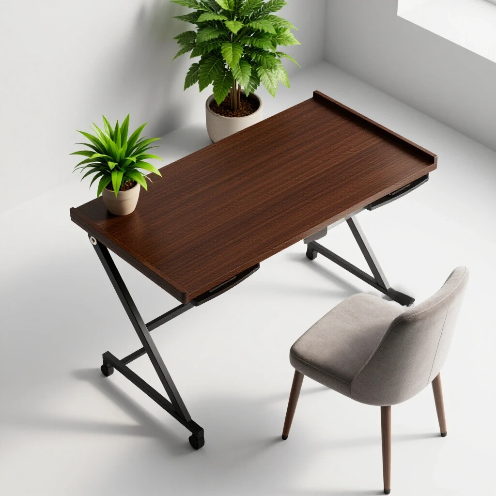 Stylish fold-down desk in a bright room with a vibrant plant and minimalist chair, showcased from above.