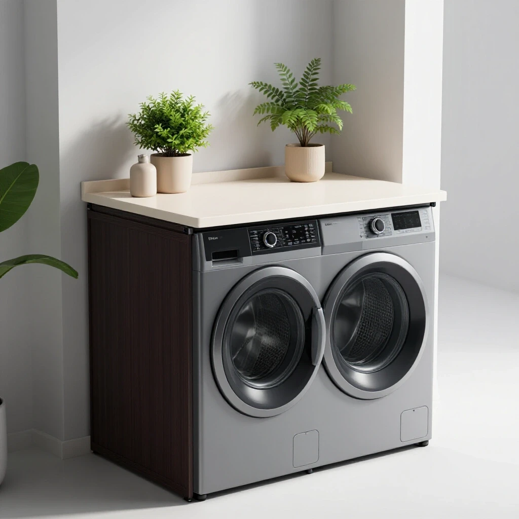 Stylish compact laundry area with a foldable counter and greenery, illuminated in a bright studio ambiance.