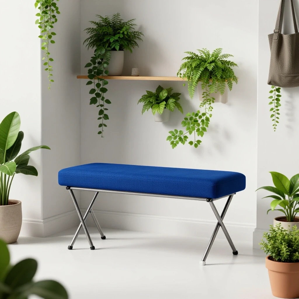 A compact folding mudroom bench in vibrant colors set in a bright entryway with lush plants and minimalist decor.