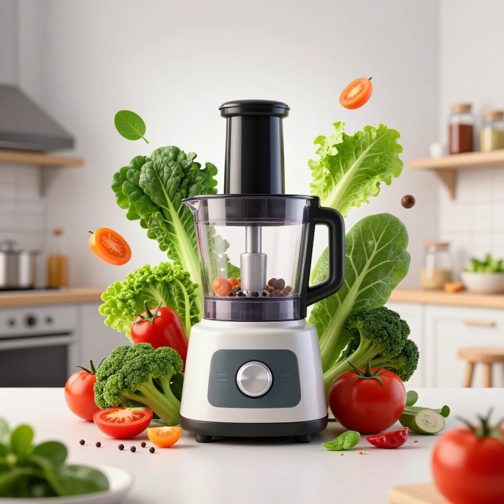 A food processor in action, surrounded by fresh ingredients, contrasting chaotic and organized kitchen spaces.