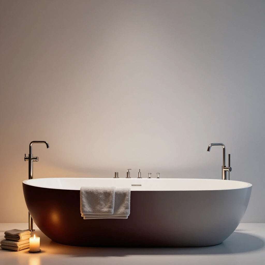 A visual comparison of a luxurious freestanding tub with plush towels and candles beside a modern built-in tub in a minimal setting.