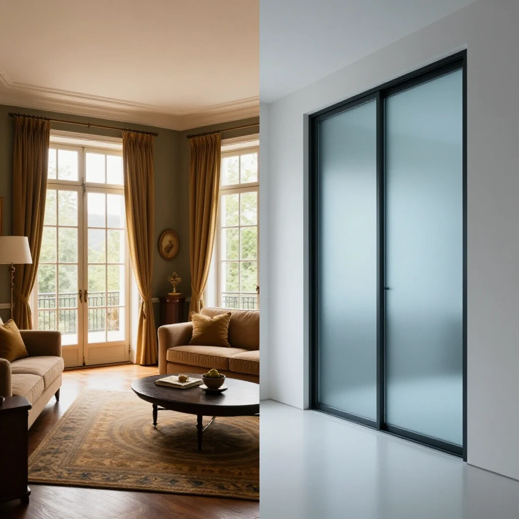 Split image showing a cozy room with French doors and a modern space with sliding doors, highlighting energy efficiency.