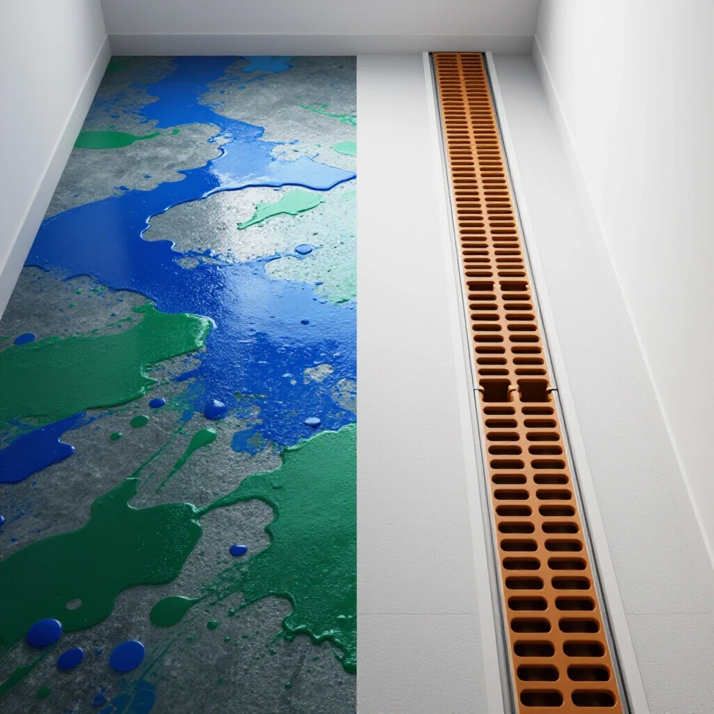 A visual comparison of a chaotic wet basement and a serene, dry basement with a well-installed French drain, highlighting the transformation.