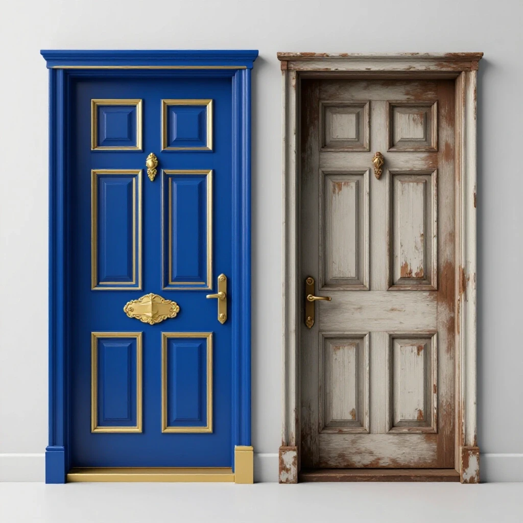 A vibrant upgraded front door contrasted with an old worn-out door, showcasing a budget guide for door replacement.