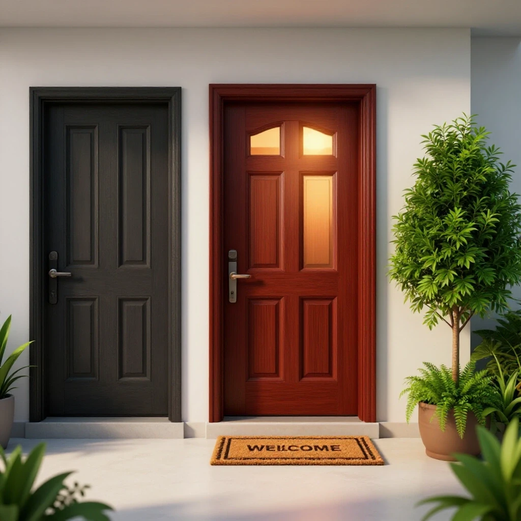 A comparison of a dull front door and a vibrant modern door highlighting home comfort and curb appeal.