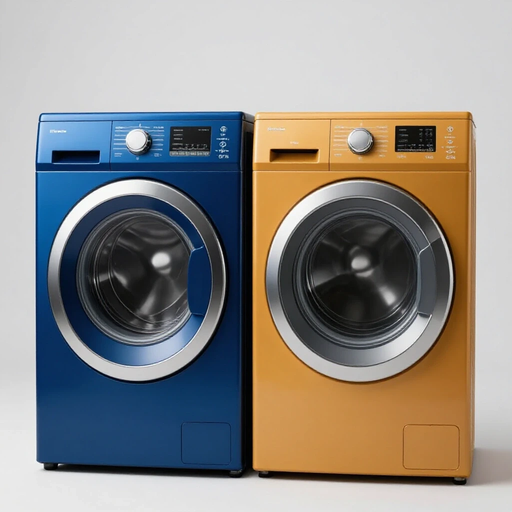 A split image of a modern front-load washing machine in royal blue and a retro top-load washer in amber, symbolizing washing machine cost comparison.