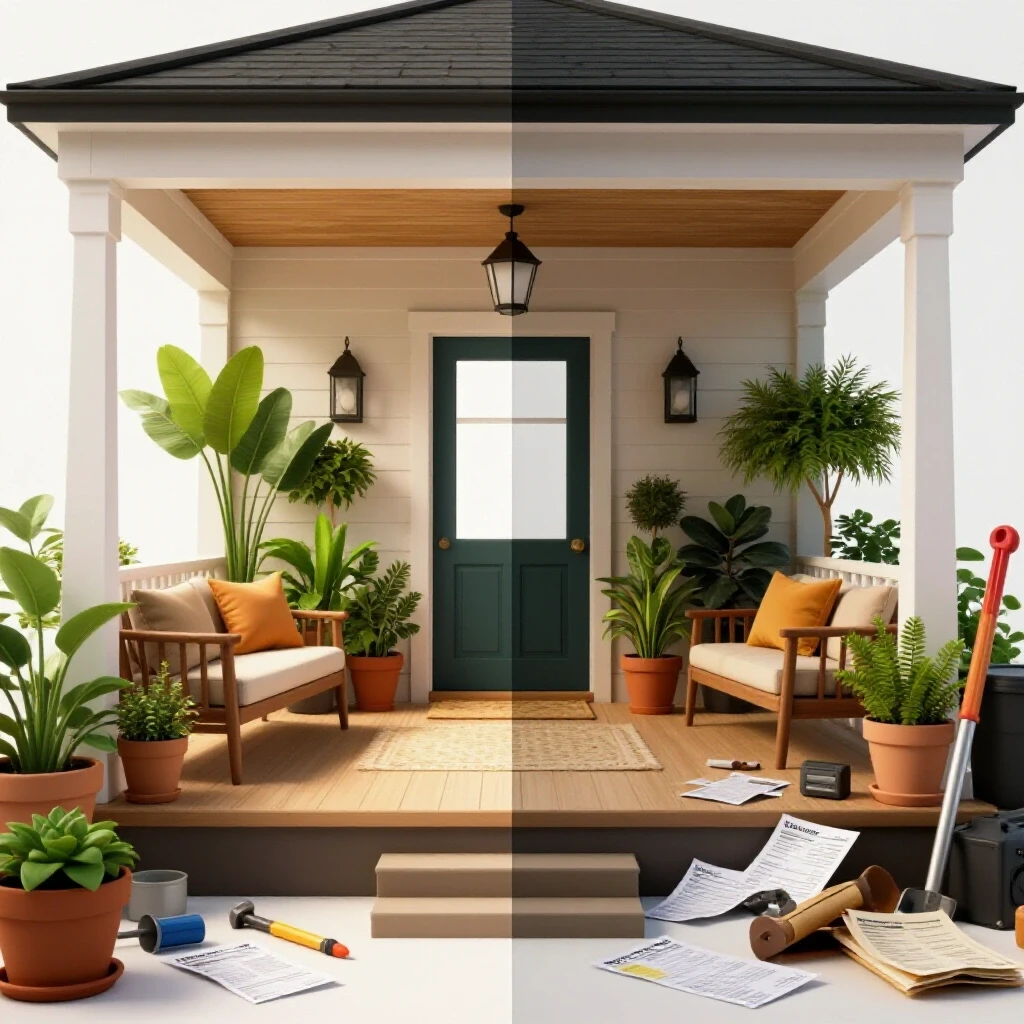 A split-screen image showcasing a renovated front porch with plants and seating versus a cluttered renovation workspace.