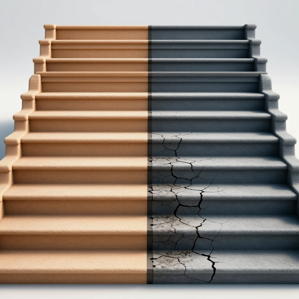 A split image showing a renovated stylish front step contrasted with a cracked, worn step, highlighting transformation.