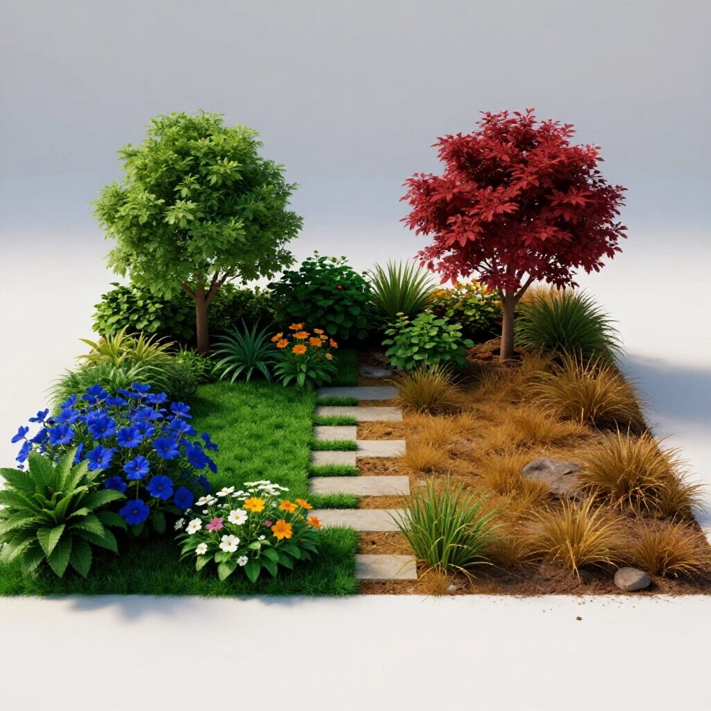 A vibrant front yard split in two: one beautifully landscaped with flowers and the other neglected with weeds.