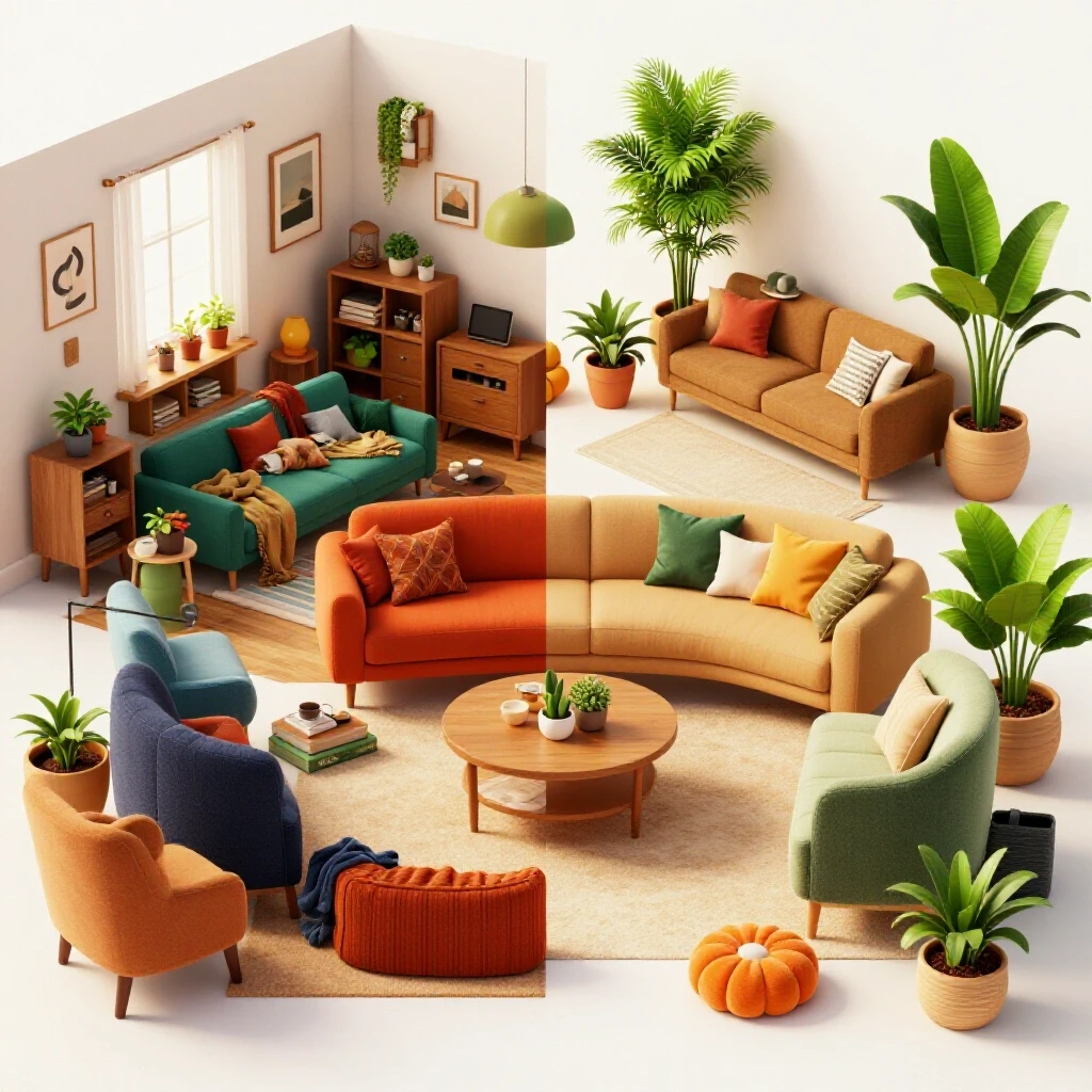 A split-view image showcasing a cluttered living space transformed into a bright, organized home with vibrant decor.