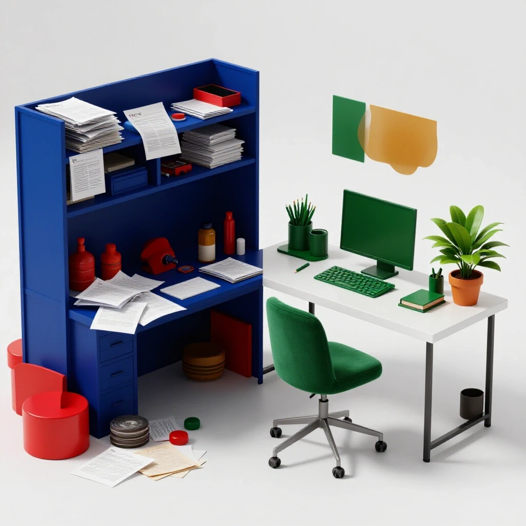 Contrasting workspace image showing a cluttered desk on one side and a sleek organized home office on the other, featuring decorative elements.