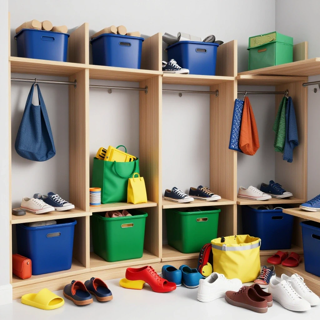 An organized mudroom drop zone with vibrant storage bins and shoes, highlighting functional entryway design.