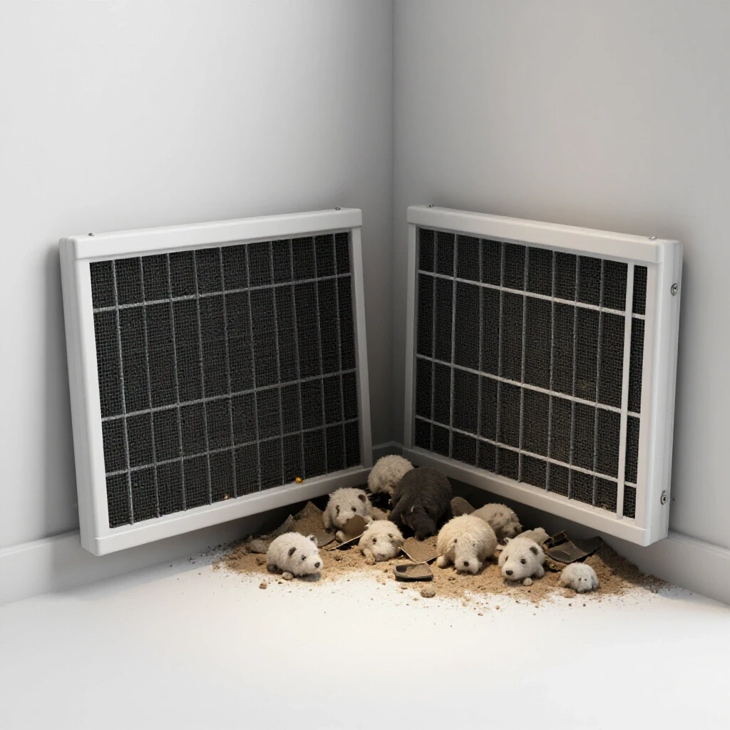 A striking contrast of a clean living space and a dusty corner with a clogged furnace filter, showcasing dust issues.