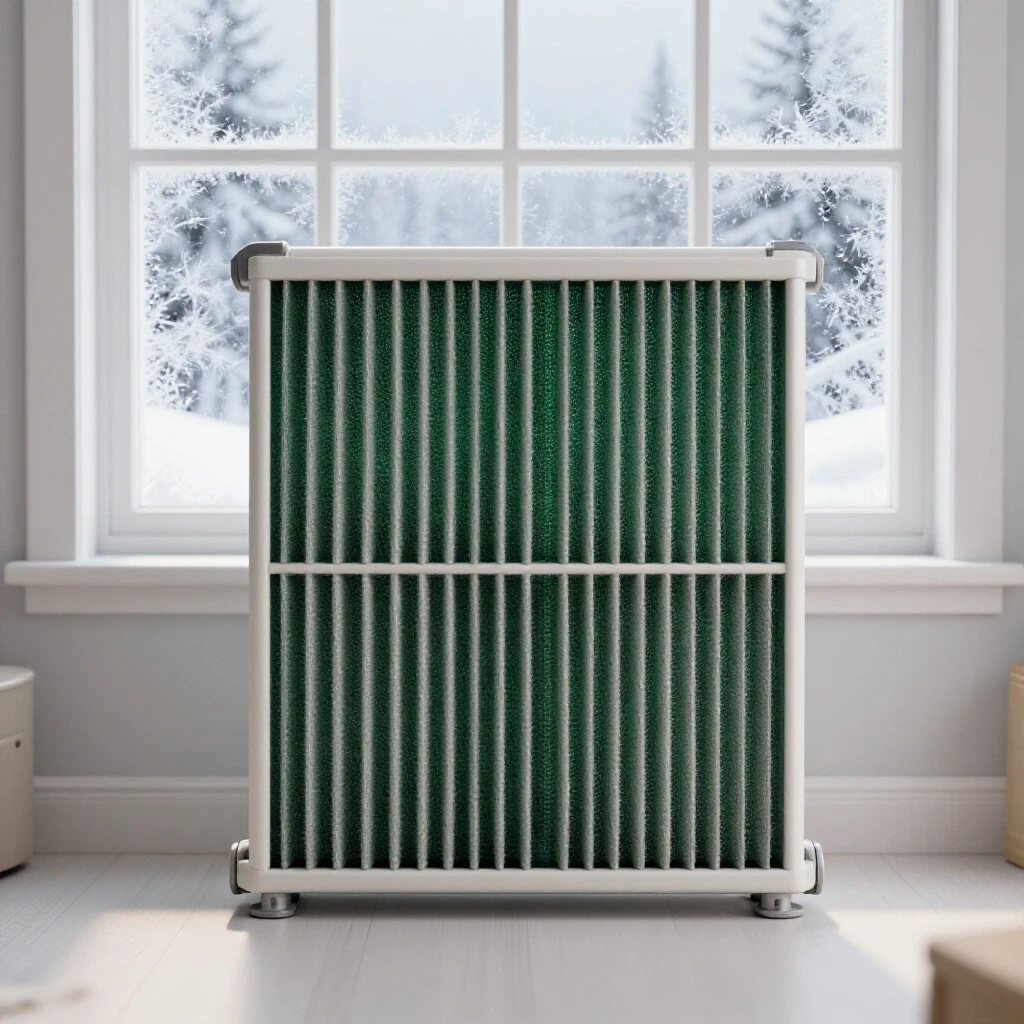 Cozy winter room with a frosty window and an oversized neglected furnace filter in the foreground.