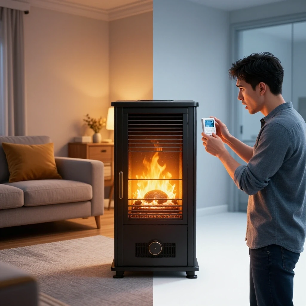 Split scene showing a warm living room with a furnace and a cold space with a worried homeowner checking a thermostat.