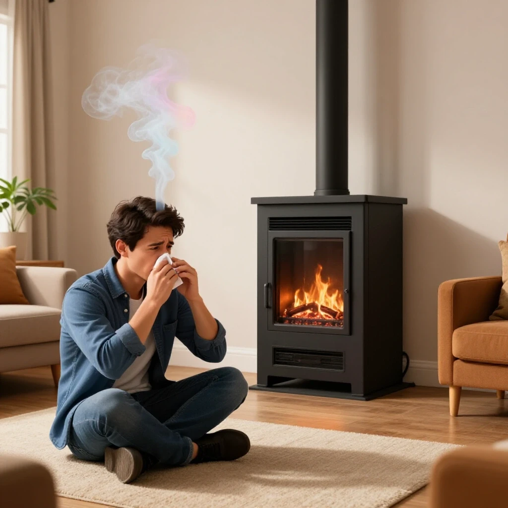 A cozy living room scene with a furnace releasing colorful smoke while a puzzled homeowner holds their nose, evoking mystery.