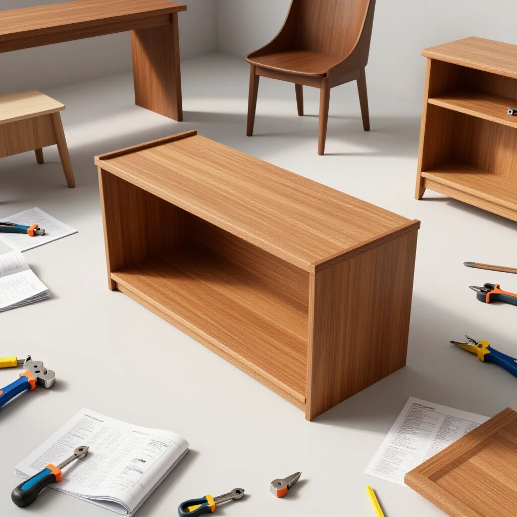 Partially assembled furniture with scattered tools and instructions in a bright studio environment.