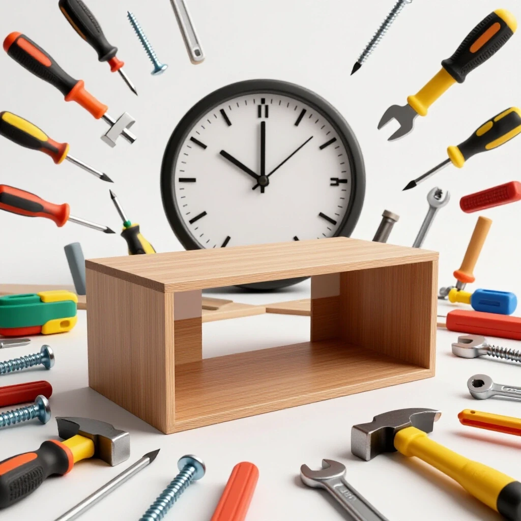 A partially assembled piece of furniture with tools and parts scattered around, depicting urgency in assembly.