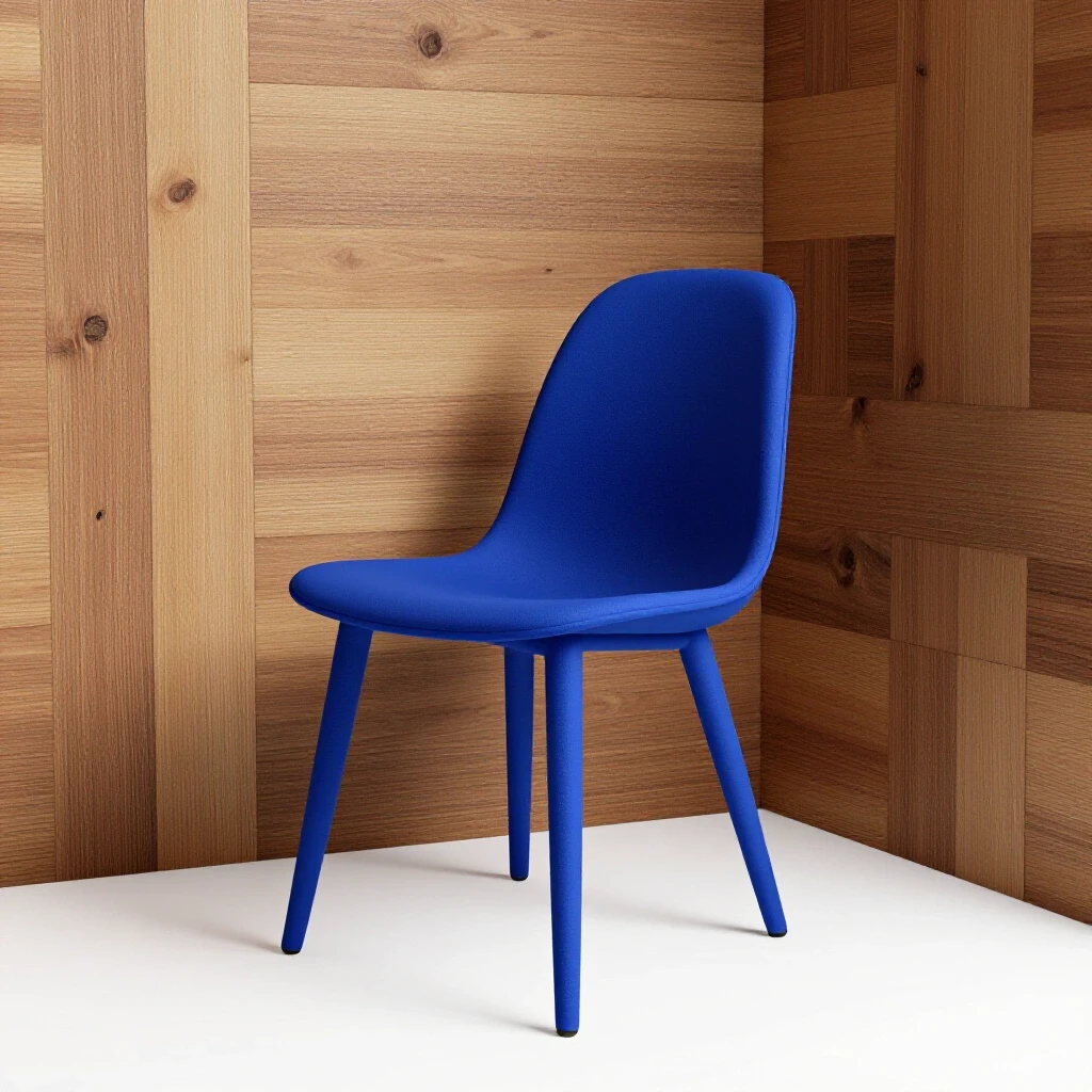 Cozy corner featuring a modern royal blue chair against a rustic wooden wall, embodying stylish interior design.