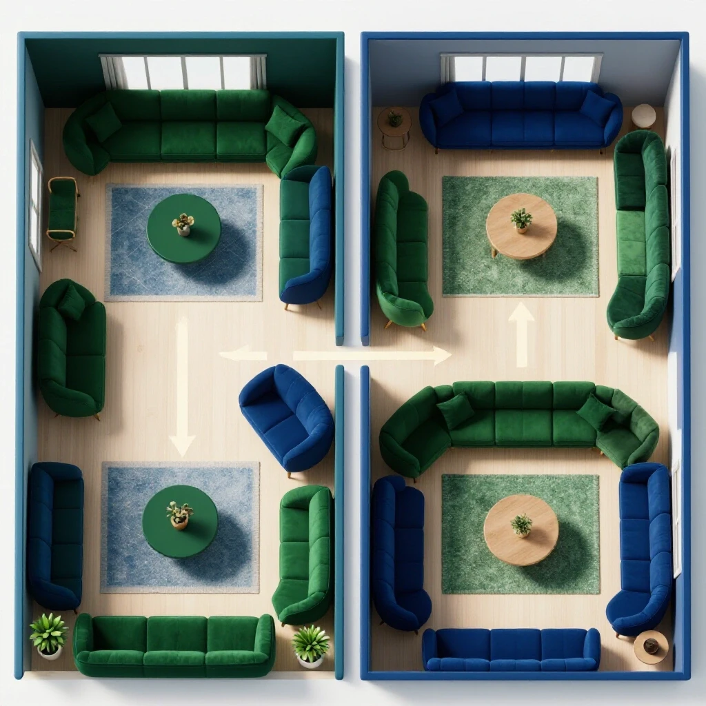 A room layout comparison showing two vibrant furniture arrangements side by side for improved flow.