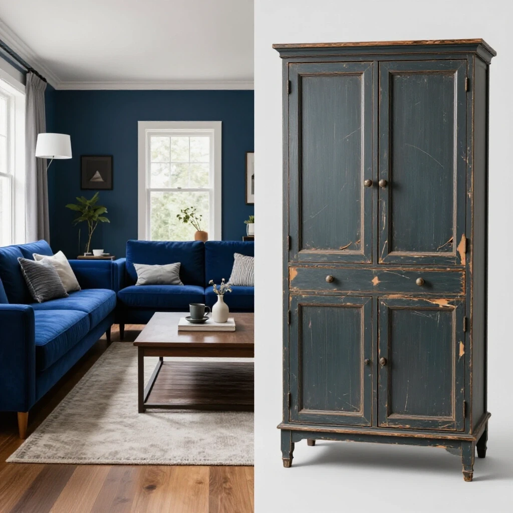 A split image showing a stylish living room beside a distressed furniture piece, highlighting the contrast in furniture care.